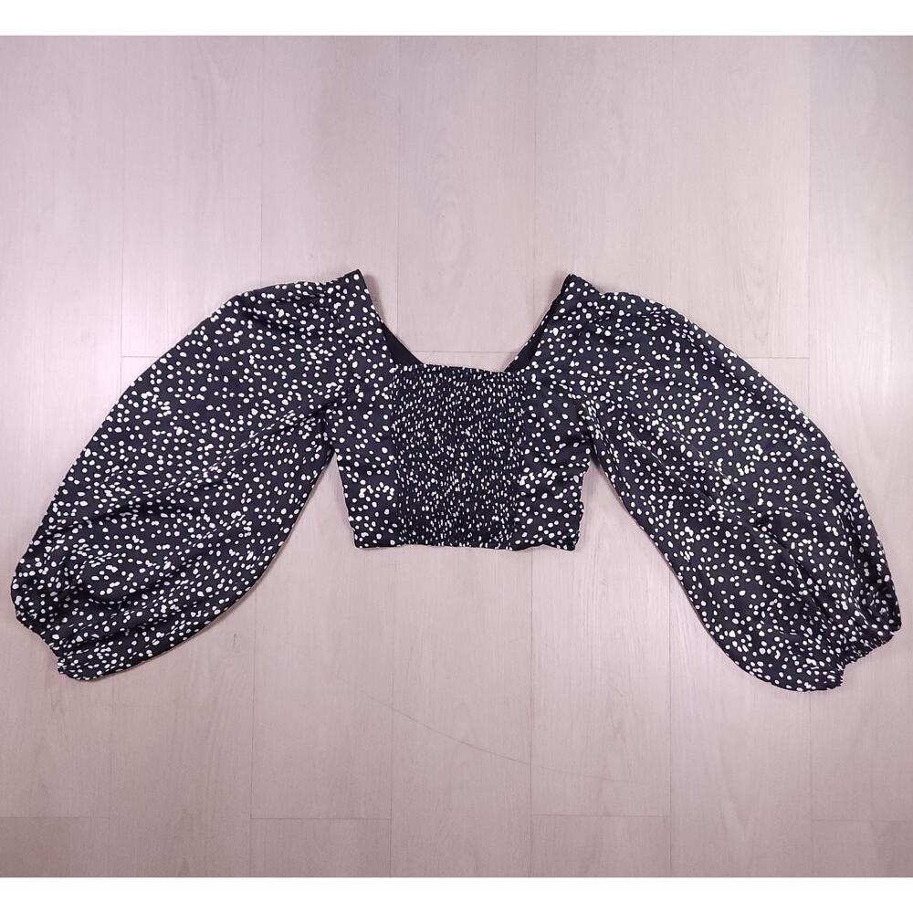 INTHEBEGINNING Los Angeles Puff Sleeve Polka Dot Crop Top – Black/White, Size S - Picture 12 of 12